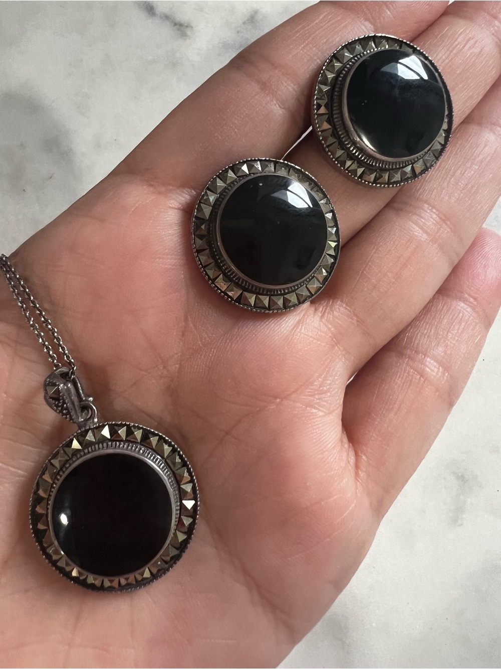 Vintage L&H 925 Sterling Silver Black Onyx Marcasite Necklace Earrings Set 18g